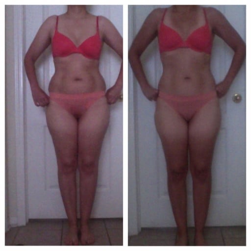 A picture of a 5'8" female showing a weight reduction from 168 pounds to 164 pounds. A net loss of 4 pounds.
