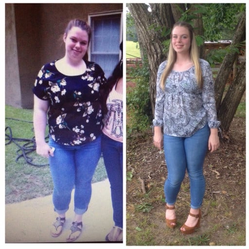 A picture of a 5'6" female showing a weight loss from 227 pounds to 167 pounds. A net loss of 60 pounds.