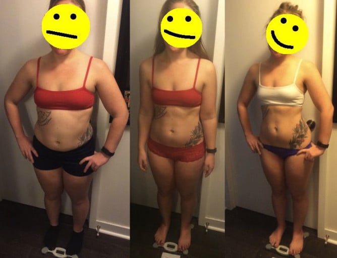 A progress pic of a 5'3" woman showing a fat loss from 152 pounds to 142 pounds. A net loss of 10 pounds.