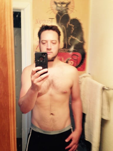 A picture of a 6'2" male showing a weight loss from 225 pounds to 187 pounds. A net loss of 38 pounds.