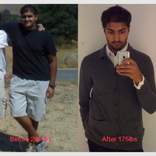 A progress pic of a 6'3" man showing a fat loss from 240 pounds to 175 pounds. A respectable loss of 65 pounds.