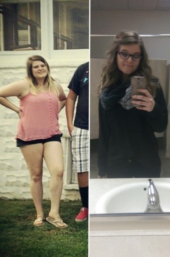 A picture of a 5'5" female showing a weight loss from 190 pounds to 140 pounds. A total loss of 50 pounds.