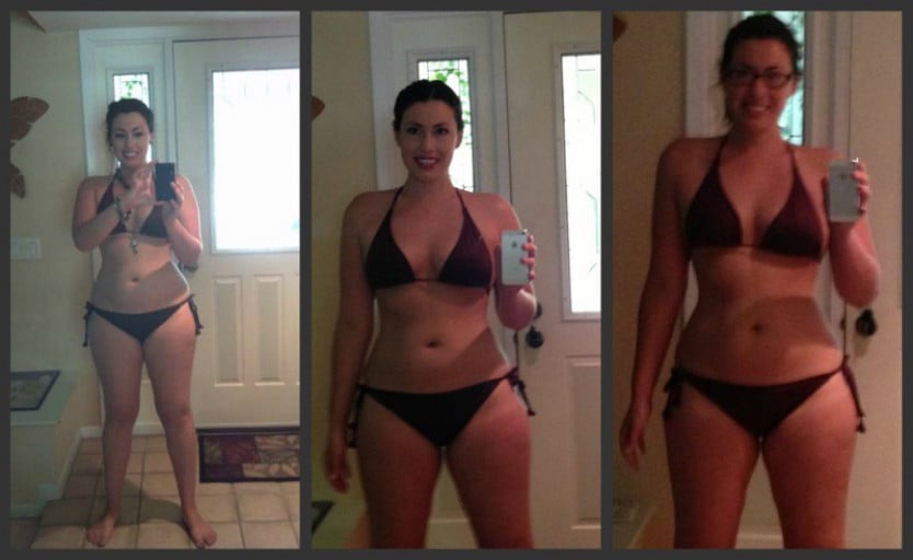 A before and after photo of a 5'8" female showing a weight loss from 178 pounds to 166 pounds. A net loss of 12 pounds.