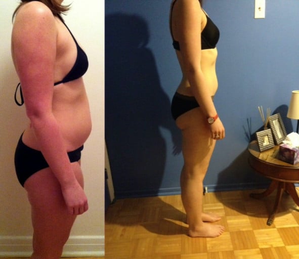 A progress pic of a 5'3" woman showing a weight loss from 140 pounds to 136 pounds. A respectable loss of 4 pounds.