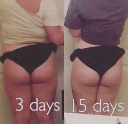 A progress pic of a 5'1" woman showing a weight cut from 170 pounds to 150 pounds. A total loss of 20 pounds.