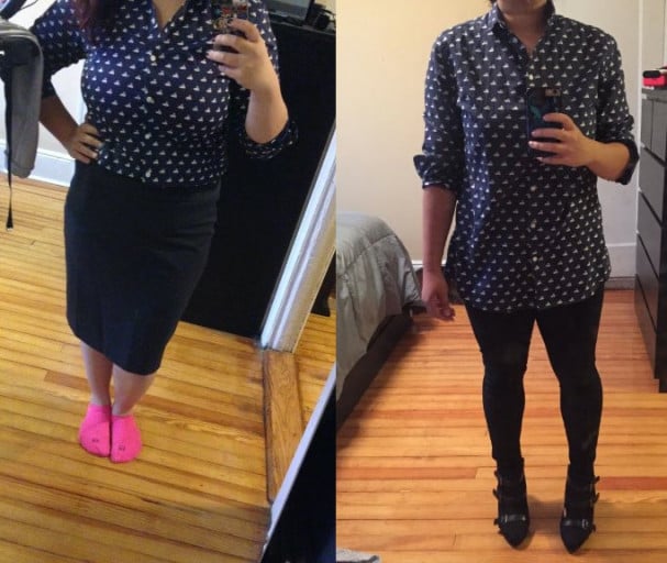 A progress pic of a 5'1" woman showing a fat loss from 200 pounds to 150 pounds. A respectable loss of 50 pounds.