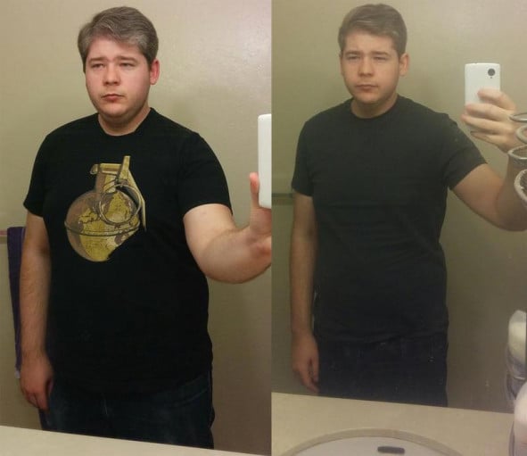 A progress pic of a 5'9" man showing a fat loss from 225 pounds to 178 pounds. A respectable loss of 47 pounds.