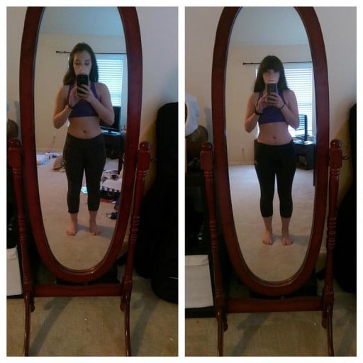 A photo of a 4'11" woman showing a weight reduction from 110 pounds to 106 pounds. A net loss of 4 pounds.