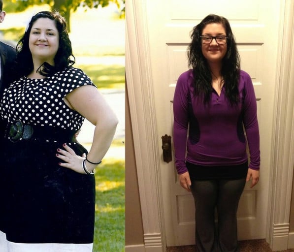 A picture of a 5'7" female showing a weight loss from 245 pounds to 170 pounds. A total loss of 75 pounds.