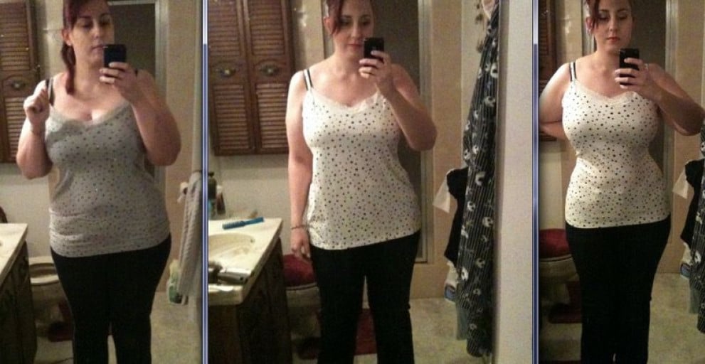 A before and after photo of a 5'8" female showing a weight loss from 250 pounds to 196 pounds. A net loss of 54 pounds.