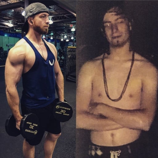 A photo of a 5'10" man showing a muscle gain from 135 pounds to 185 pounds. A total gain of 50 pounds.