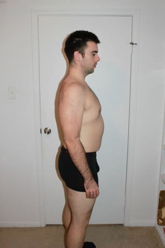 A before and after photo of a 6'1" male showing a snapshot of 215 pounds at a height of 6'1