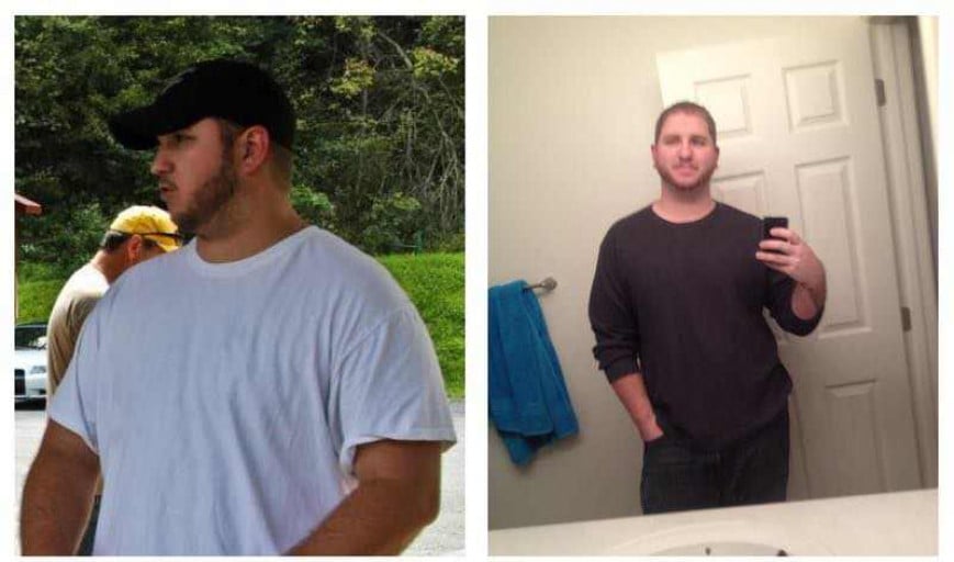 A progress pic of a 6'2" man showing a fat loss from 300 pounds to 255 pounds. A total loss of 45 pounds.