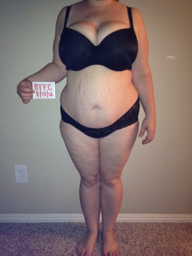 A before and after photo of a 5'1" female showing a snapshot of 197 pounds at a height of 5'1