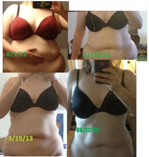 A before and after photo of a 5'5" female showing a weight reduction from 250 pounds to 150 pounds. A total loss of 100 pounds.