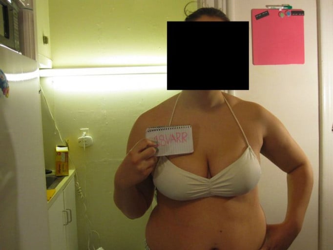 A before and after photo of a 5'8" female showing a snapshot of 193 pounds at a height of 5'8