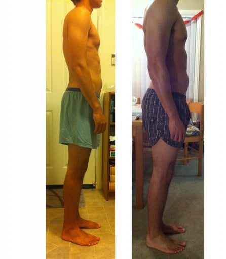 A picture of a 5'10" male showing a muscle gain from 153 pounds to 160 pounds. A total gain of 7 pounds.