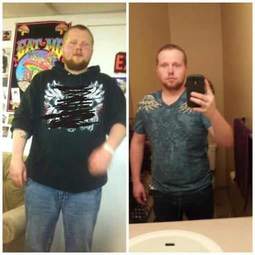 A progress pic of a 5'8" man showing a fat loss from 260 pounds to 185 pounds. A net loss of 75 pounds.