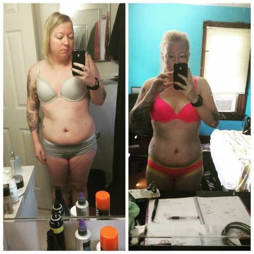 A picture of a 5'5" female showing a weight loss from 199 pounds to 162 pounds. A net loss of 37 pounds.
