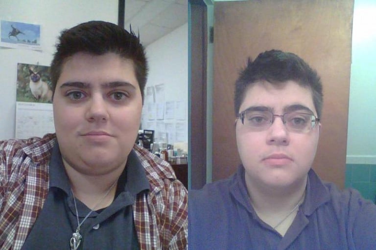 A before and after photo of a 5'2" male showing a weight reduction from 230 pounds to 195 pounds. A respectable loss of 35 pounds.
