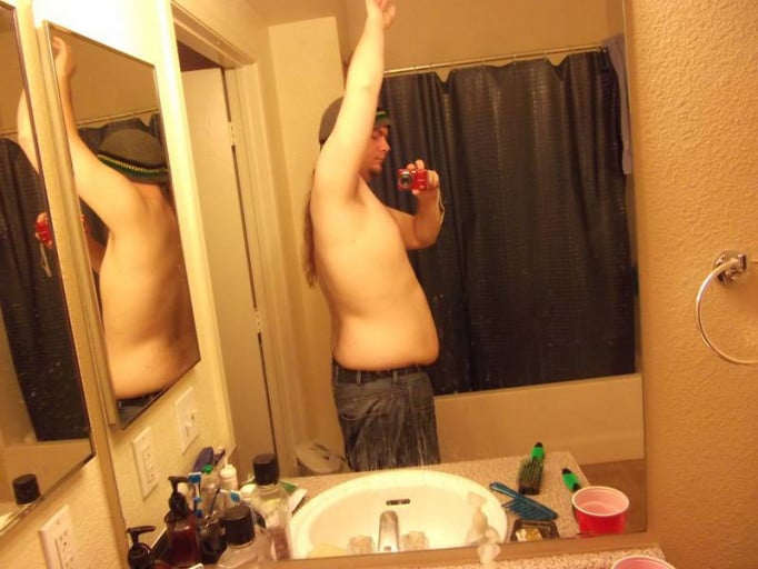 A photo of a 6'1" man showing a weight reduction from 265 pounds to 245 pounds. A respectable loss of 20 pounds.