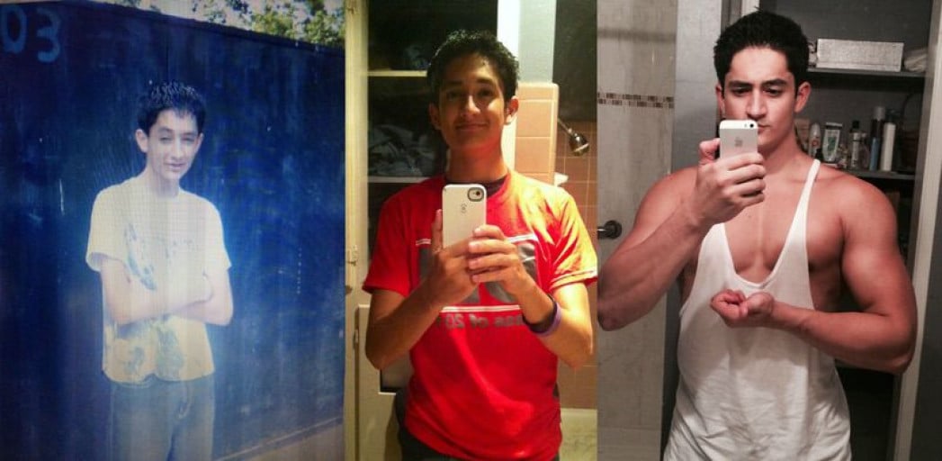Before and After 62 lbs Muscle Gain 5 feet 9 Male 108 lbs to 170 lbs