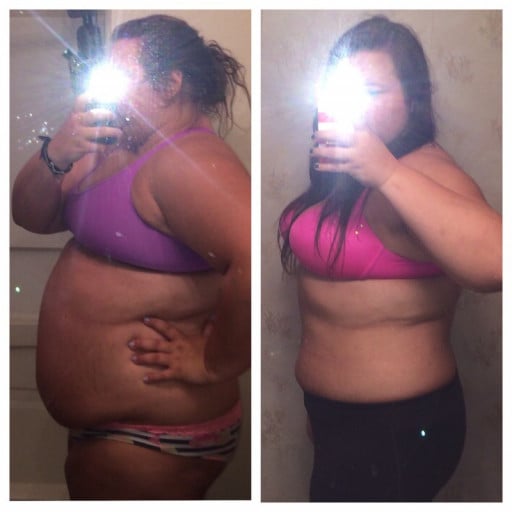 A picture of a 5'8" female showing a weight loss from 298 pounds to 245 pounds. A total loss of 53 pounds.
