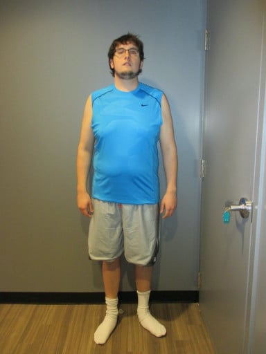 A progress pic of a 6'3" man showing a weight loss from 300 pounds to 266 pounds. A total loss of 34 pounds.