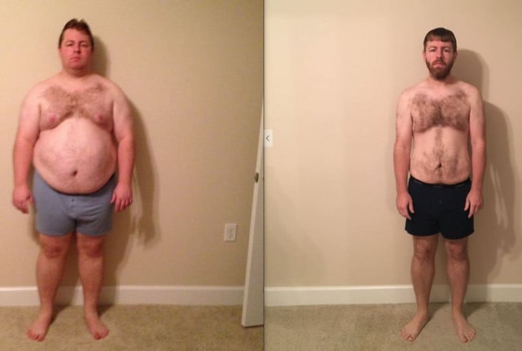 A photo of a 6'0" man showing a fat loss from 400 pounds to 199 pounds. A total loss of 201 pounds.