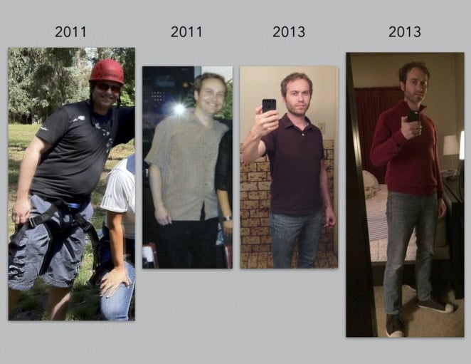 A progress pic of a 5'10" man showing a fat loss from 195 pounds to 143 pounds. A total loss of 52 pounds.