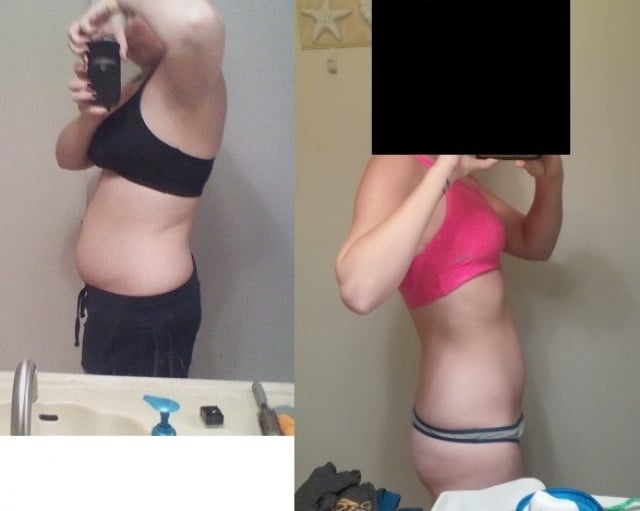 A progress pic of a 5'5" woman showing a weight cut from 176 pounds to 128 pounds. A respectable loss of 48 pounds.