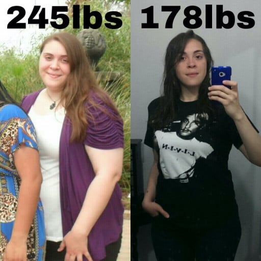 A before and after photo of a 5'6" female showing a weight reduction from 245 pounds to 178 pounds. A net loss of 67 pounds.