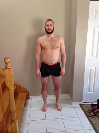 A before and after photo of a 5'9" male showing a snapshot of 198 pounds at a height of 5'9
