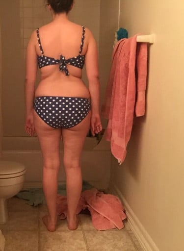 A before and after photo of a 5'6" female showing a snapshot of 158 pounds at a height of 5'6