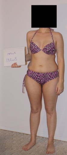 A before and after photo of a 5'4" female showing a snapshot of 135 pounds at a height of 5'4