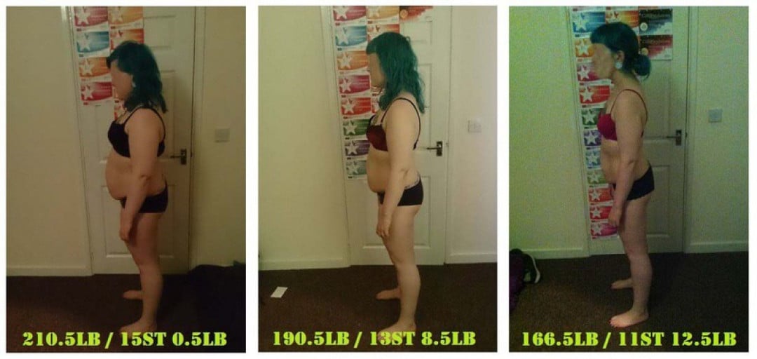 A photo of a 5'7" woman showing a weight reduction from 210 pounds to 166 pounds. A respectable loss of 44 pounds.