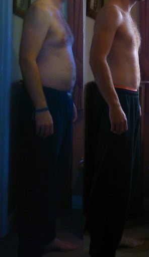 A progress pic of a 5'9" man showing a weight reduction from 180 pounds to 154 pounds. A net loss of 26 pounds.