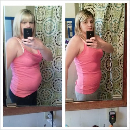 A progress pic of a 5'6" woman showing a fat loss from 176 pounds to 144 pounds. A respectable loss of 32 pounds.