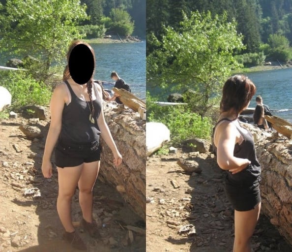 A before and after photo of a 5'7" female showing a weight cut from 152 pounds to 130 pounds. A respectable loss of 22 pounds.