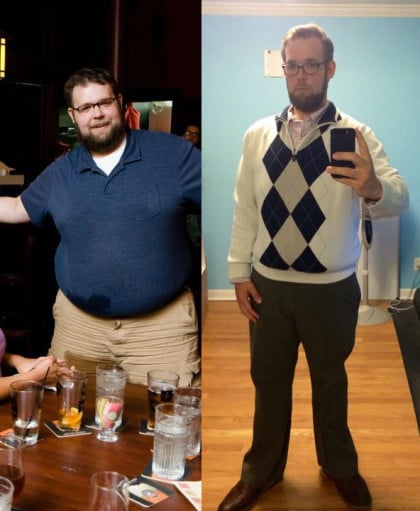 A before and after photo of a 5'11" male showing a weight cut from 376 pounds to 214 pounds. A total loss of 162 pounds.