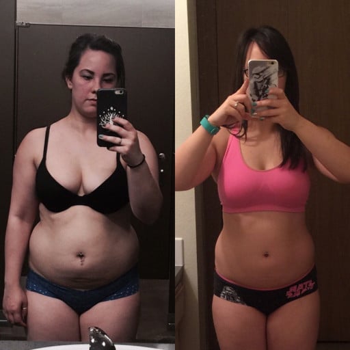 A photo of a 5'1" woman showing a weight cut from 160 pounds to 140 pounds. A total loss of 20 pounds.