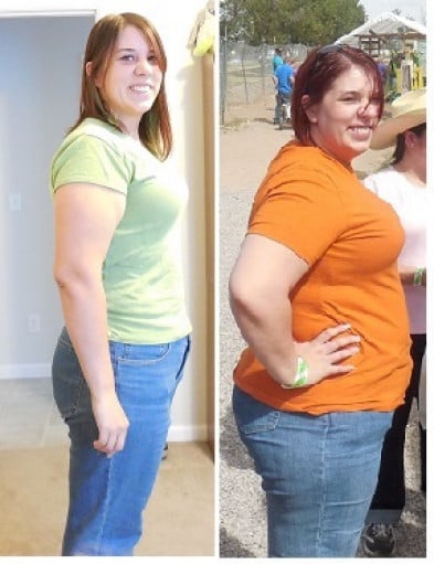 A progress pic of a 5'5" woman showing a fat loss from 240 pounds to 168 pounds. A respectable loss of 72 pounds.