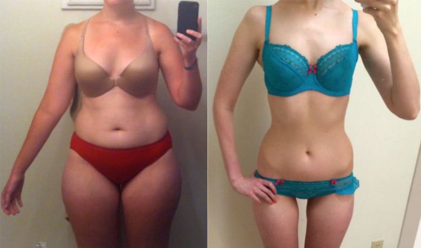 A before and after photo of a 5'2" female showing a weight reduction from 148 pounds to 107 pounds. A net loss of 41 pounds.