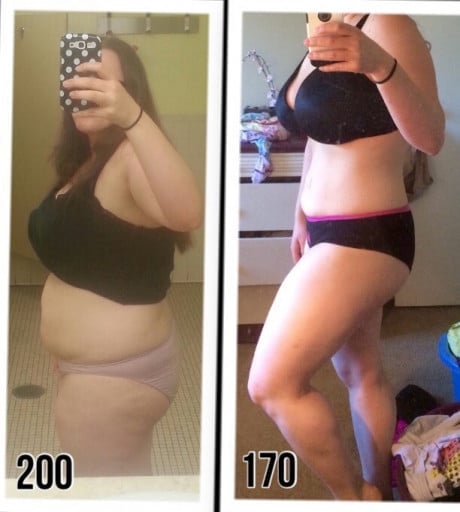 A progress pic of a 5'5" woman showing a fat loss from 200 pounds to 170 pounds. A respectable loss of 30 pounds.