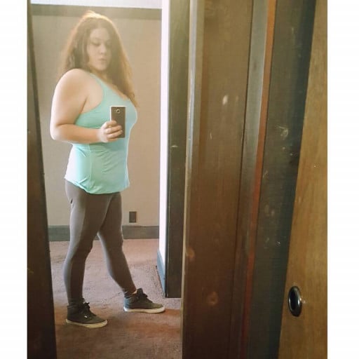 A progress pic of a 5'7" woman showing a weight cut from 310 pounds to 220 pounds. A net loss of 90 pounds.