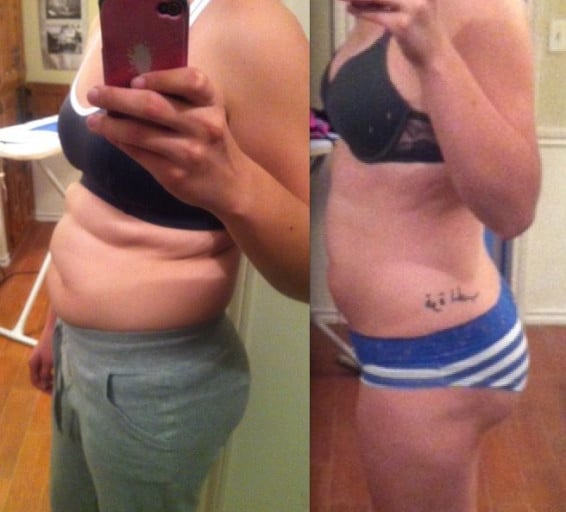 A photo of a 5'10" woman showing a weight reduction from 177 pounds to 162 pounds. A net loss of 15 pounds.