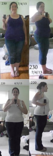 A progress pic of a 5'6" woman showing a fat loss from 230 pounds to 220 pounds. A respectable loss of 10 pounds.