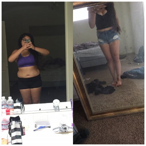 A before and after photo of a 5'4" female showing a weight cut from 195 pounds to 165 pounds. A net loss of 30 pounds.