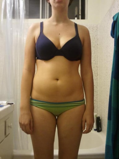 A before and after photo of a 5'8" female showing a snapshot of 155 pounds at a height of 5'8