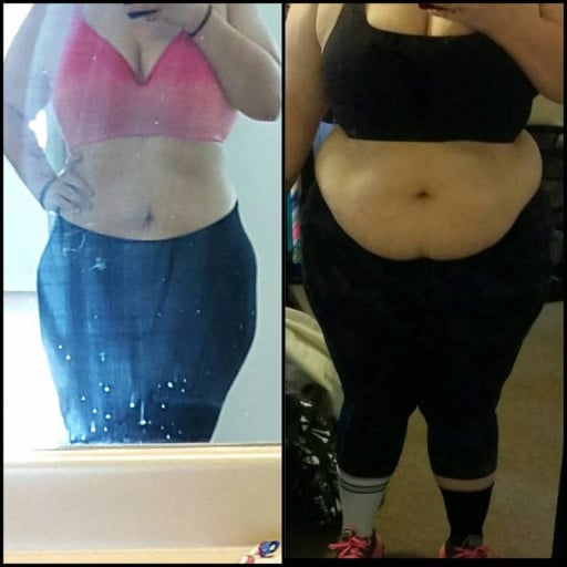 A before and after photo of a 5'4" female showing a weight cut from 270 pounds to 220 pounds. A respectable loss of 50 pounds.